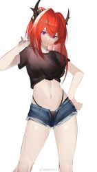 Rule 34 | 1girl, absurdres, alternate costume, arknights, black panties, black shirt, blue shorts, breasts, closed mouth, crop top, cutoffs, denim, denim shorts, eugle na, front-tie top, hand on own hip, hand up, highleg, highleg panties, highres, horns, large breasts, long hair, looking at viewer, micro shorts, midriff, multi-strapped panties, navel, open fly, panties, ponytail, purple eyes, red hair, shirt, short shorts, short sleeves, shorts, simple background, smile, solo, standing, stomach, string panties, surtr (arknights), thighs, tied shirt, underwear, white background
