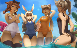 Rule 34 | 4girls, adjusting clothes, adjusting swimsuit, animal ears, armpits, arms behind head, arms up, ass, ball, beach umbrella, beachball, black legwear, blue one-piece swimsuit, bow, braid, brown eyes, brown hair, rabbit ears, cat ears, covering privates, covering breasts, curly hair, day, dog ears, dog tail, elin, glasses, groin, hair bow, highres, long hair, looking back, mavoly, multiple girls, one-piece swimsuit, one eye closed, orange one-piece swimsuit, outdoors, ponytail, red eyes, ribbon, school swimsuit, smile, swimsuit, tail, tera online, thighhighs, twin braids, twintails, umbrella, wading, water, white legwear, white school swimsuit, white one-piece swimsuit
