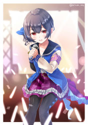 Rule 34 | 1girl, absurdres, armband, belt buckle, black pants, blue bow, blue hair, blue jacket, blue scrunchie, blush, bow, buckle, commentary, concert, frills, hair ornament, hair scrunchie, highres, holding, holding microphone, idol clothes, idolmaster, idolmaster shiny colors, jacket, kii (fys-a), light stick, looking at another, microphone, miniskirt, morino rinze, open mouth, pants, pants under skirt, pantyhose, pink skirt, red eyes, scrunchie, short hair, skirt, solo, stage, stage lights, star (symbol)