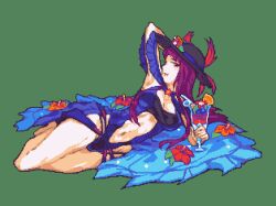 Rule 34 | 1girl, alternate costume, arm behind head, blue one-piece swimsuit, breasts, casual one-piece swimsuit, cleavage, clothing cutout, commentary, commission, criss-cross halter, cup, drinking glass, drinking straw, english commentary, female focus, fire emblem, fire emblem engage, fire emblem heroes, flower, glaceo, green background, halterneck, hat, hat feather, hibiscus, holding, holding cup, ivy (fire emblem), ivy (summer) (fire emblem), lying, matching hair/eyes, medium breasts, navel, navel cutout, nintendo, official alternate costume, on side, one-piece swimsuit, pixel art, purple eyes, purple hair, red flower, solo, sun hat, swimsuit, tropical drink