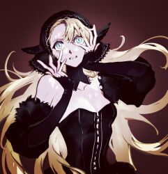 Rule 34 | 1girl, 795dkcnm9938, aqua eyes, asymmetrical bangs, bare shoulders, black dress, blonde hair, breasts, cleavage, clenched teeth, cross-laced clothes, detached collar, detached sleeves, dress, dungeon meshi, ear covers, elf, floating hair, fur-trimmed sleeves, fur trim, hands on own face, hands up, highres, hood, lace-trimmed headwear, lace-trimmed sleeves, lace trim, long hair, looking at viewer, marcille donato, marcille donato (lord), medium breasts, peeking through fingers, pointy ears, red background, sleeves past wrists, solo, spoilers, symbol-shaped pupils, teeth, upper body