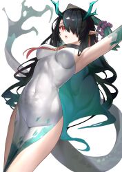 Rule 34 | 1girl, absurdres, aqua hair, arknights, armpits, black hair, breasts, colored skin, cool est, covered navel, cowboy shot, dragon girl, dragon horns, dragon tail, dress, dusk (arknights), dusk (everything is a miracle) (arknights), earrings, gradient skin, green skin, hair over one eye, highres, horns, jewelry, large breasts, long hair, looking at viewer, multicolored hair, necktie, official alternate costume, open mouth, pelvic curtain, pointy ears, red eyes, red necktie, simple background, sleeveless, sleeveless dress, solo, tail, transparent background, two-tone hair, very long hair, white dress