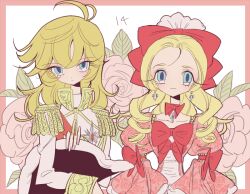 Rule 34 | 2girls, blonde hair, blue eyes, bow, closed mouth, dress, earrings, epaulettes, hair bow, hat, holding, holding clothes, holding hat, jacket, jewelry, long hair, long sleeves, looking at viewer, marie antoinette (versailles no bara), meremero, multiple girls, oscar francois de jarjayes, pink bow, pink dress, puffy sleeves, smile, standing, unworn hat, unworn headwear, versailles no bara, wavy hair, white jacket
