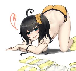 Rule 34 | 1girl, absurdres, ahoge, all fours, back, bad id, bad pixiv id, bare legs, blue eyes, blush, breasts, brown hair, crossed arms, fang, full body, heart, heart ahoge, highres, hololive, lips, looking at viewer, lunch boxer, medium breasts, midriff, natsuiro matsuri, natsuiro matsuri (matsuri&#039;s day off), open mouth, orange shorts, scrunchie, unworn shirt, short shorts, shorts, side ponytail, simple background, smile, socks, solo, striped, thighs, top-down bottom-up, topless, virtual youtuber, white background, yellow footwear