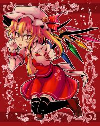 Rule 34 | 1girl, ascot, black thighhighs, blonde hair, d:, fingernails, flandre scarlet, highres, loafers, looking at viewer, open mouth, pointy ears, reaching, reaching towards viewer, red eyes, sharp fingernails, shoes, side ponytail, solo, tanakara, thighhighs, touhou, tsurime, wings, wrist cuffs