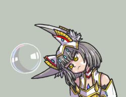 Rule 34 | 1girl, :&lt;, animal ears, bare shoulders, bubble, chest jewel, grey hair, nia (blade) (xenoblade), nia (xenoblade), photo-referenced, portrait, short hair, simple background, snakeycake, solo, xenoblade chronicles (series), xenoblade chronicles 3, yellow eyes