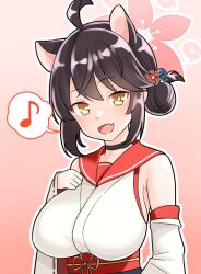 Rule 34 | 1girl, ahoge, animal ears, bare shoulders, black choker, black hair, blue archive, blush, breasts, choker, detached sleeves, eighth note, extra ears, fang, furaggu (frag 0416), gradient background, hair bun, halo, japanese clothes, kaede (blue archive), kimono, large breasts, looking at viewer, musical note, pink halo, ribbon-trimmed sleeves, ribbon trim, short hair, sideboob, single side bun, skin fang, smile, solo, spoken musical note, upper body, white kimono, white sleeves, wide sleeves, yellow eyes