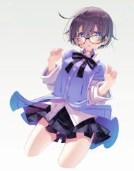 Rule 34 | 1girl, :o, absurdres, black-framed eyewear, black bow, black hair, black skirt, blue eyes, bow, breasts, collared shirt, commentary request, cropped legs, dress shirt, glasses, grey background, hair between eyes, hands up, highres, jacket, layered sleeves, long sleeves, looking at viewer, original, parted lips, plaid, plaid bow, plaid skirt, pleated skirt, purple jacket, revision, sakuya tsuitachi, shirt, short over long sleeves, short sleeves, simple background, skirt, small breasts, solo, thick eyebrows, white shirt