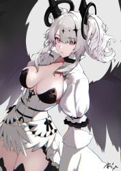 Rule 34 | 1girl, azur lane, black choker, black feathers, black thighhighs, black wings, breasts, breasts apart, choker, commentary request, cowboy shot, dress, dutch angle, feathers, fleur-de-lis, framed breasts, grey background, grey hair, hair ornament, high collar, joffre (azur lane), long hair, long sleeves, looking at viewer, medium breasts, oregano (olgn eao), pink eyes, puffy long sleeves, puffy sleeves, signature, simple background, solo, standing, thighhighs, twintails, white dress, wings