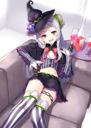 Rule 34 | 1girl, black capelet, black gloves, black hat, black skirt, blunt bangs, blush, capelet, couch, cowboy shot, crop top, cup, drinking glass, gloves, hair bun, hat, holding, holding cup, hololive, indoors, juice, long hair, long sleeves, looking at viewer, lowleg, lowleg skirt, lying, midriff, miniskirt, murasaki shion, murasaki shion (1st costume), navel, on back, open mouth, pensuke, pinstripe pattern, pinstripe shirt, shirt, silver hair, single hair bun, single side bun, skirt, smile, solo, striped clothes, striped shirt, striped thighhighs, thighhighs, vertical-striped clothes, vertical-striped shirt, vertical-striped thighhighs, virtual youtuber, wine glass, witch hat, yellow eyes, zettai ryouiki