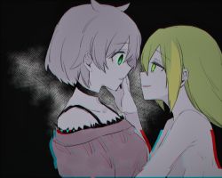 Rule 34 | 2girls, alina gray, an sin, azusa mifuyu, black background, black choker, blonde hair, bra strap, choker, chromatic aberration, evil grin, evil smile, from side, glitch, green eyes, green hair, grey hair, grin, hair horns, hand on another&#039;s face, korean commentary, long hair, looking at another, magia record: mahou shoujo madoka magica gaiden, mahou shoujo madoka magica, multicolored hair, multiple girls, off-shoulder shirt, off shoulder, parted lips, profile, red shirt, scared, shirt, short hair, sidelocks, simple background, smile, streaked hair, swept bangs, topless, upper body, yuri