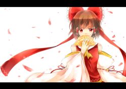 Rule 34 | 1girl, ascot, bell, bow, covering own mouth, detached sleeves, hair bow, hair tubes, hakurei reimu, highres, letterboxed, looking at viewer, petals, red eyes, ribbon-trimmed sleeves, ribbon trim, simple background, sleeveless, solo, sunyuqian, talismans, touhou, upper body, white background