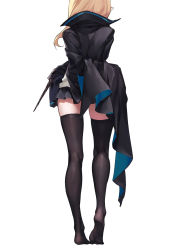 Rule 34 | 1girl, am1m, arknights, arm behind back, black coat, black skirt, black thighhighs, blonde hair, coat, durin (arknights), from behind, head out of frame, highres, long hair, long sleeves, miniskirt, no shoes, pleated skirt, shirt, simple background, skirt, solo, standing, thighhighs, wand, white background, white shirt
