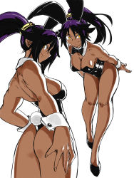 Rule 34 | 1girl, absurdres, animal ears, ass, backless leotard, bare legs, bare shoulders, black footwear, black leotard, black neckwear, bleach, bow, bowtie, breasts, cleavage, cowboy shot, cuffs, dark-skinned female, dark skin, detached collar, fake animal ears, full body, highres, large breasts, leaning forward, leotard, long hair, looking at viewer, multiple views, orange eyes, playboy bunny, ponytail, profile, purple hair, rabbit ears, rabbit tail, shihouin yoruichi, sideboob, simple background, sleeveless, smile, strapless, tail, toshinoshin, white background