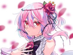Rule 34 | 1girl, alternate hairstyle, expressionless, flat chest, floating hair, flower, from side, hair between eyes, hair flower, hair ornament, hand on own chest, looking at viewer, nijisanji, nijisanji en, petals, pink hair, plant, portrait, red eyes, red flower, red rose, rose, rosemi lovelock, short hair with long locks, short sidetail, solo, thorns, to musmsg, vines, virtual youtuber, white background
