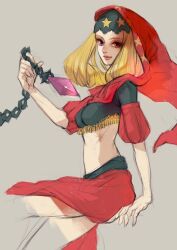 Rule 34 | 1girl, blonde hair, breasts, chain, closed mouth, highres, hood, kannoaki, lips, long hair, looking at viewer, medium breasts, midriff, odin sphere, purple eyes, simple background, smile, solo, star (symbol), velvet (odin sphere)
