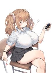 Rule 34 | 1girl, ?, black skirt, blush, breasts, brown eyes, brown hair, candy, chair, commentary request, crossed legs, desk, feet out of frame, food, hair between eyes, hair intakes, hair ornament, hair scrunchie, hand up, highres, holding, holding food, holding phone, huge breasts, lollipop, long hair, looking at viewer, miniskirt, mochirong, original, phone, pleated skirt, school desk, scrunchie, shirt, short sleeves, simple background, sitting, skirt, solo, thighs, twintails, white background, white shirt