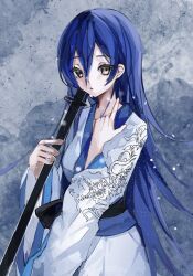 Rule 34 | 1girl, blue hair, cang yue (tou xing jiuyue tian), gradient background, grey eyes, highres, holding, holding sword, holding weapon, index finger raised, japanese clothes, kimono, long hair, long sleeves, parted lips, sash, snow, solo, sword, tou xing jiuyue tian, upper body, weapon, yao laoban