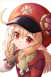 Rule 34 | 1girl, ahoge, bad id, bad pixiv id, blonde hair, blush, cabbie hat, closed mouth, commentary request, dress, from above, genshin impact, hair between eyes, hat, highres, index finger raised, jacket, kaku (walletbreaker), klee (genshin impact), long hair, long sleeves, looking at viewer, open mouth, pointy ears, red dress, red eyes, red hat, red jacket, smile, solo, upper body