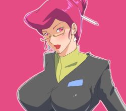 Rule 34 | 10s, 1girl, breasts, earrings, glasses, hair bun, jewelry, large breasts, looking at viewer, outline, parted lips, pink background, pink eyes, pink hair, red lips, scarlet (space dandy), semi-rimless eyewear, simple background, single hair bun, solo, space dandy, supi (inner map), tagme, under-rim eyewear
