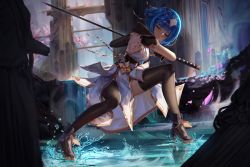 Rule 34 | 1girl, absurdres, black gloves, blue hair, blunt bangs, blush, breasts, closed eyes, commentary, dayshiart, english commentary, gloves, high heels, highres, holding, holding sword, holding weapon, katana, medium breasts, original, short hair, solo, sword, thighhighs, water, weapon