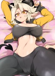 Rule 34 | 1girl, :o, absurdres, bed sheet, bongfill, breasts, cameltoe, demon tail, highres, horns, jacket, large breasts, looking at viewer, navel, open mouth, original, pants, pointy ears, rakeemspoon, susan (rakeemspoon), tail, white hair, yellow eyes, yellow nails