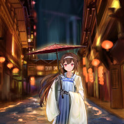 Rule 34 | 1girl, android, brown hair, chinese clothes, commentary, girls&#039; frontline, hairband, hanfu, highres, js 9 (girls&#039; frontline), long hair, looking at viewer, low-tied long hair, mechanical arms, mole, mole under eye, rain, red eyes, scenery, sechka, smile, umbrella