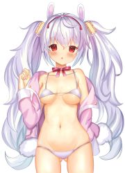 Rule 34 | 1girl, :o, ame sagari, azur lane, bare shoulders, blush, bow, bra, breasts, rabbit hair ornament, collarbone, cowboy shot, gluteal fold, groin, hair ornament, hand up, jacket, laffey (azur lane), long hair, long sleeves, looking at viewer, medium breasts, micro bra, navel, off shoulder, open clothes, open jacket, panties, parted lips, pink bow, pink jacket, red eyes, simple background, solo, standing, stomach, twintails, underwear, very long hair, wavy hair, white background, white bra, white hair, white panties
