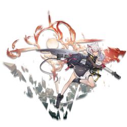 Rule 34 | 1girl, animal ears, arknights, backpack, bag, bare legs, black footwear, black jacket, boots, elite ii (arknights), full body, gloves, hair between eyes, holding, holding weapon, jacket, long hair, looking at viewer, mouse ears, mouse tail, no pants, official art, originium arts (arknights), rainli, red gloves, scavenger (arknights), scavenger (elite ii) (arknights), shirt, silver hair, solo, tail, thigh strap, transparent background, weapon, white shirt, yellow eyes