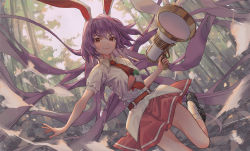 Rule 34 | 1girl, animal ears, bamboo, bamboo forest, belt, black footwear, blush, commentary, dutch angle, feet out of frame, forest, gun, hair between eyes, holding, holding gun, holding weapon, kneehighs, left-handed, loafers, long hair, looking at viewer, lunatic gun, maachi (fsam4547), miniskirt, nature, necktie, outdoors, pink skirt, puffy short sleeves, puffy sleeves, purple hair, rabbit ears, red belt, red eyes, red necktie, reisen udongein inaba, shirt, shoes, short sleeves, skirt, smile, socks, solo, thighs, touhou, very long hair, weapon, white shirt, white socks
