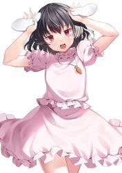 Rule 34 | 1girl, animal ears, black hair, blouse, carrot necklace, commentary request, cowboy shot, floppy ears, frilled shirt, frilled skirt, frilled sleeves, frills, highres, inaba tewi, kaede (mmkeyy), necklace, open mouth, pink shirt, pink skirt, puffy short sleeves, puffy sleeves, rabbit ears, rabbit girl, red eyes, shirt, short hair, short sleeves, simple background, skirt, teeth, touhou, upper teeth only, wavy hair, white background