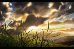 Rule 34 | cloud, cloudy sky, grass, highres, hill, inika, letterboxed, no humans, original, scenery, sky, sunset, translation request