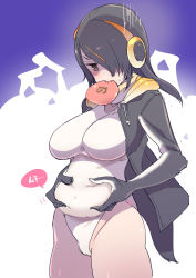 Rule 34 | &gt;:&gt;, 10s, 1girl, :&gt;, bad id, bad pixiv id, belly, belly grab, black hair, blush, breasts, brown eyes, cameltoe, cowboy shot, drawstring, emperor penguin (kemono friends), eyebrows, eyelashes, food, food in mouth, hair over one eye, headphones, highres, jacket, japari bun, jitome, kemono friends, large breasts, leotard, long hair, long sleeves, looking down, open clothes, open jacket, plump, shaded face, solo, sweat, swept bangs, tajima ryuushi, thick thighs, thighs, turn pale, v-shaped eyebrows, weight conscious