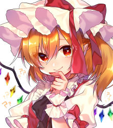 Rule 34 | 1girl, ?, ??, black ribbon, closed mouth, commentary, crystal, finger to mouth, flandre scarlet, hair between eyes, hat, hat ribbon, heart, heart in eye, highres, looking at viewer, medium hair, mob cap, nail polish, neck ribbon, orange hair, pointy ears, puffy short sleeves, puffy sleeves, raised eyebrow, red eyes, red nails, red ribbon, red shirt, renka (sutegoma25), ribbon, shirt, short sleeves, simple background, smile, solo, symbol in eye, touhou, upper body, white background, white hat, white shirt, wings, wrist cuffs