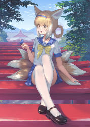 Rule 34 | 1girl, :d, animal, animal ear fluff, animal ears, animal on hand, arknights, athrun1120, bird, bird on hand, black footwear, blonde hair, blue hairband, blue sailor collar, blue skirt, bow, braid, braided hair rings, commentary request, day, fox ears, fox girl, fox tail, full body, hair rings, hairband, highres, kitsune, kyuubi, multicolored hair, multiple tails, open mouth, outdoors, pleated skirt, sailor collar, school uniform, serafuku, shirt, shoes, short sleeves, sitting, skirt, smile, solo, suzuran (arknights), tail, thighhighs, torii, two-tone hair, white hair, white shirt, white thighhighs, yellow bow