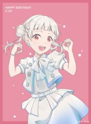 Rule 34 | 1girl, arashi chisato, artist name, artist request, belt, blush, bow, bowtie, bracelet, breasts, buttons, collared shirt, cropped jacket, double bun, dress, dress shirt, female focus, floating hair, flyer&#039;s high (love live!), flyer high (love live!), hair bow, hair bun, highres, jacket, jewelry, layered skirt, long hair, looking at viewer, love live!, love live! school idol festival, love live! superstar!!, miniskirt, parted lips, pink background, plaid, plaid skirt, pleated, pleated skirt, puffy short sleeves, puffy sleeves, red eyes, shirt, short hair, short sleeves, skirt, small breasts, smile, solo, twintails, wavy hair, white belt, white bow, white hair, white jacket, white shirt, white skirt