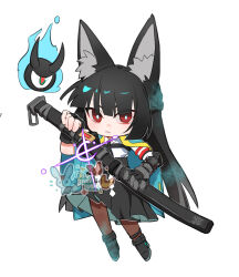 1girl animal_ear_fluff animal_ears black_gloves black_hair black_necktie black_pantyhose black_skirt blunt_bangs chibi closed_mouth fingerless_gloves fox_ears fox_girl full_body gloves green_jacket high-waist_skirt highres holding holding_sword holding_weapon hoshimi_miyabi jacket katana kiscript long_hair looking_at_viewer necktie pantyhose red_eyes sample_watermark serious shirt sidelocks simple_background skirt solo sword watermark weapon white_background white_shirt zenless_zone_zero