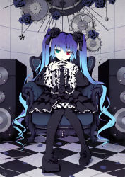 Rule 34 | 1girl, absurdly long hair, anniversary, anti the holic (vocaloid), anti the infinite holic (vocaloid), aqua eyes, aqua hair, artist name, artist request, bad id, bad pixiv id, bare shoulders, birthday, black dress, black flower, black footwear, black legwear, black neckwear, black skirt, black sleeves, blue eyes, blue hair, breasts, chair, checkered floor, clover4th, crescent, crescent moon, cross-laced clothes, cross-laced dress, dress, expressionless, female focus, floor, flower, frilled dress, frilled skirt, frills, full body, gears, gothic lolita, gradient hair, green eyes, hair flower, hair ornament, happy birthday, hatsune miku, heterochromia, high heels, infinite holic (vocaloid), lolita fashion, long hair, long twintails, moon, multicolored hair, nyanya, parted lips, perspective, petals, plaid, plaid dress, plaid skirt, pleated, pleated dress, pleated skirt, red eyes, rose petals, shoes, sitting, skirt, smile, solo, speaker, star (symbol), twintails, very long hair, vocaloid