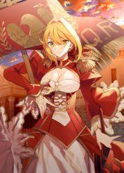 Rule 34 | 1girl, ahoge, ayaka (disagree), banner, blonde hair, breasts, cleavage, closed mouth, fate/extra, fate (series), green eyes, hair between eyes, hair intakes, highres, holding, holding sword, holding weapon, long sleeves, looking at viewer, medium breasts, medium hair, nero claudius (fate), nero claudius (fate) (all), nero claudius (fate/extra), outdoors, shrug (clothing), skirt, smile, solo, standing, sword, weapon, white skirt