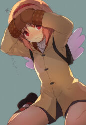 Rule 34 | 1girl, angel wings, arms up, backlighting, backpack, bag, black footwear, blurry, blush, brown hair, brown mittens, closed mouth, coat, commentary request, covering forehead, depth of field, fake wings, frown, green background, hair between eyes, hairband, hand on own forehead, kanon, knees out of frame, long sleeves, looking at viewer, medium hair, mittens, nagesuteaka, nose blush, red eyes, red hairband, sad, simple background, sitting, solo, squiggle, tearing up, tears, translated, tsukimiya ayu, wariza, wavy mouth, white wings, wings, yellow coat