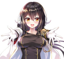 Rule 34 | 1girl, :d, azur lane, blush, breasts, brown eyes, brown hair, brown jacket, cape, collarbone, curled horns, emphasis lines, epaulettes, gloves, gold trim, hair between eyes, highres, horns, jacket, large breasts, long hair, long sleeves, mikasa (azur lane), military jacket, open mouth, outstretched arms, reaching, reaching towards viewer, sidelocks, simple background, smile, solo, sparkle, very long hair, white background, white cape, white gloves, youta