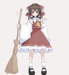 Rule 34 | 1girl, :/, ascot, bare shoulders, bobby socks, bow, breasts, broom, brown eyes, brown hair, commentary request, detached sleeves, double-parted bangs, frilled bow, frilled hair tubes, frilled shirt collar, frills, grey background, hair bow, hair tubes, hakurei reimu, hand on own hip, holding, holding broom, long hair, long sleeves, looking at viewer, mary janes, moaixiang59173, petticoat, red skirt, red vest, shoes, simple background, skirt, skirt set, small breasts, socks, solo, standing, touhou, vest, wide sleeves, yellow ascot
