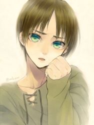 Rule 34 | 1boy, bad id, bad pixiv id, brown hair, collarbone, eren yeager, green eyes, green shirt, hand on own face, head tilt, long sleeves, looking at viewer, male focus, open mouth, raji (aranmax), shingeki no kyojin, shirt, simple background, sleeves past wrists, solo, twitter username, upper body, yellow background