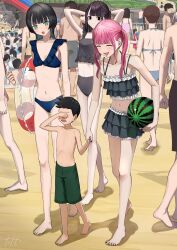 6+boys 6+girls ^_^ absurdres arms_behind_back ball barefoot beachball bikini black_bikini black_eyes black_hair blue_bikini blunt_bangs blush breasts brown_hair closed_eyes commentary_request crying frilled_bikini frills green_eyes grey_bikini highres hinamizawa_hinami_(tetto) honekawa_suneo innertube jirai_kei long_hair medium_hair multiple_boys multiple_girls navel open_mouth original outdoors people pink_bikini pink_hair pool short_hair signature small_breasts stomach swim_ring swimsuit tetto_(onnoveltet) twintails walking