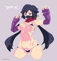 Rule 34 | 10s, 1girl, adapted costume, armpits, ayame (gundam build divers), bare shoulders, bikini, black bikini, black hair, blush, breasts, breasts apart, cameltoe, character name, collarbone, commentary request, covered mouth, cowboy shot, cropped legs, dated, elbow gloves, fingerless gloves, fingernails, gloves, grey background, groin, gundam, gundam build divers, half mask, highres, kuji-in, large breasts, long fingernails, long hair, looking at viewer, lowleg, lowleg bikini, mask, micro bikini, mouth mask, mudou eichi, narrow waist, navel, ninja, ninja mask, outline, purple eyes, red scarf, scarf, shiny skin, shuriken, simple background, skindentation, solo, standing, string bikini, swept bangs, swimsuit, thighs, twintails, underboob, v-shaped eyebrows, very long hair, weapon, white outline, wide hips