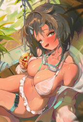 Rule 34 | 1girl, absurdres, alternate skin color, arknights, bare shoulders, bikini, black hair, breasts, cleavage, collarbone, dark-skinned female, dark skin, drink, drinking straw, fang, feather hair, goggles, goggles around neck, hair bun, hair intakes, highres, holding, holding drink, jacket, jacket over swimsuit, la pluma (arknights), la pluma (summer flowers) (arknights), lanyard, large breasts, looking at viewer, official alternate costume, open clothes, open jacket, single side bun, sitting, smile, swimsuit, tan, thigh strap, villainchin, white bikini, wing hair ornament