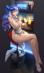 Rule 34 | 1girl, absurdres, azur lane, bar stool, bare legs, blue hair, bottle, bracelet, breasts, cherry, cleavage, crossed legs, cup, dress, drink, drinking glass, evening gown, food, fruit, full body, high heels, highres, iitsumonemu, jewelry, large breasts, long legs, looking at viewer, necklace, official alternate costume, orange (fruit), orange slice, plunging neckline, purple eyes, revealing clothes, side ponytail, silver dress, sitting, st. louis (azur lane), st. louis (luxurious wheels) (azur lane), stool, strappy heels