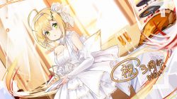 Rule 34 | 1girl, ahoge, azur lane, bare shoulders, blonde hair, breasts, cake, cake slice, cleavage, cowboy shot, cup, curtains, detached sleeves, dress, drinking glass, dutch angle, food, green eyes, hairband, holding, long hair, long sleeves, looking at viewer, parted lips, plate, small breasts, solo, southampton (azur lane), standing, tiered tray, turkey (food), very long hair, vilor, white dress