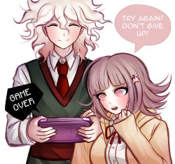 Rule 34 | 1boy, 1girl, alternate costume, beige jacket, blunt bangs, blush, breasts, closed eyes, closed mouth, collared shirt, commentary, danganronpa (series), danganronpa 2: goodbye despair, dress shirt, english text, game over, green sweater, hair ornament, hairclip, handheld game console, hands up, holding, hood, hood down, hooded jacket, jacket, komaeda nagito, komatsuzaki rui (style), ktokei (kurokku-tokei), large breasts, long sleeves, nanami chiaki, neck ribbon, necktie, official style, open clothes, open jacket, open mouth, pink eyes, red ribbon, ribbon, shirt, simple background, sleeveless, sleeveless sweater, smile, speech bubble, sweater, teeth, upper body, upper teeth only, v-shaped eyebrows, white background, white hair, white shirt