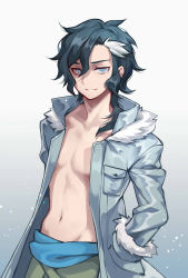 Rule 34 | 10s, 1boy, blonde hair, blue eyes, coat, gradient background, grey background, hand in pocket, highres, looking at viewer, male focus, mullet, multicolored hair, navel, open clothes, open coat, solo, streaked hair, tenrou: sirius the jaeger, topless male, white hair, yuily (sirius)